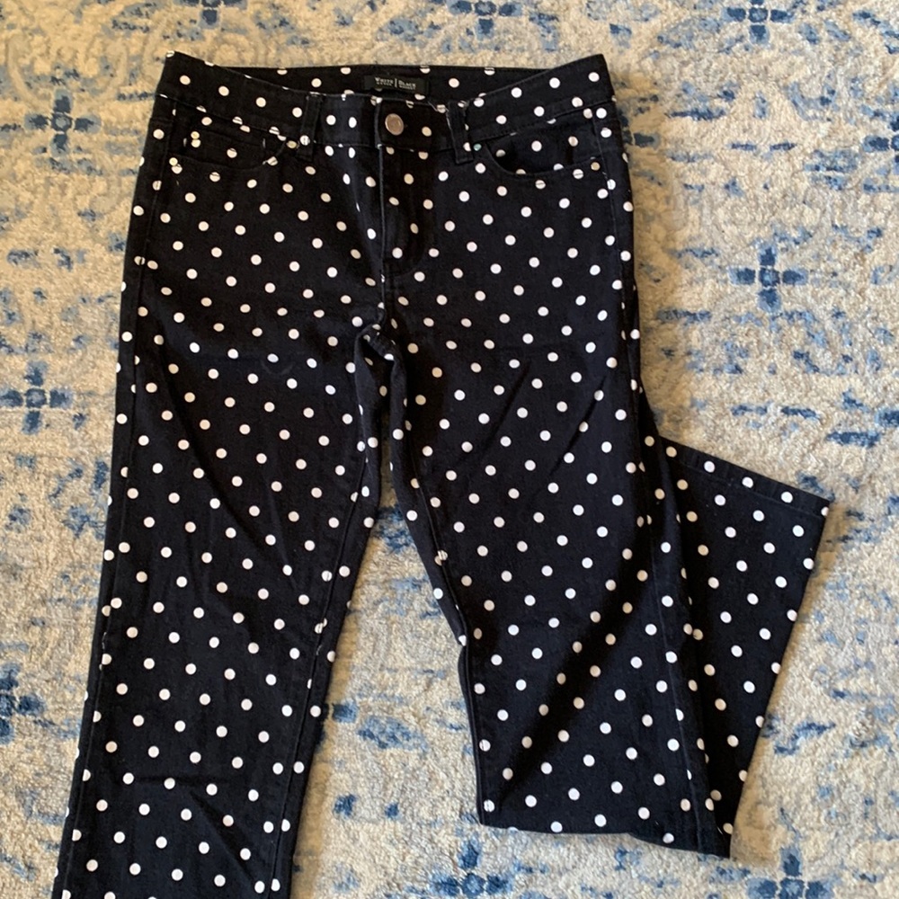 Fun Black slim ankle jeans with white polka dots.